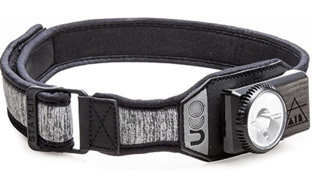 A UCO 200 lumen -articulating lens-powered by 3 AAA bateries. Has High, Medium, low and strobe at a push of a button.