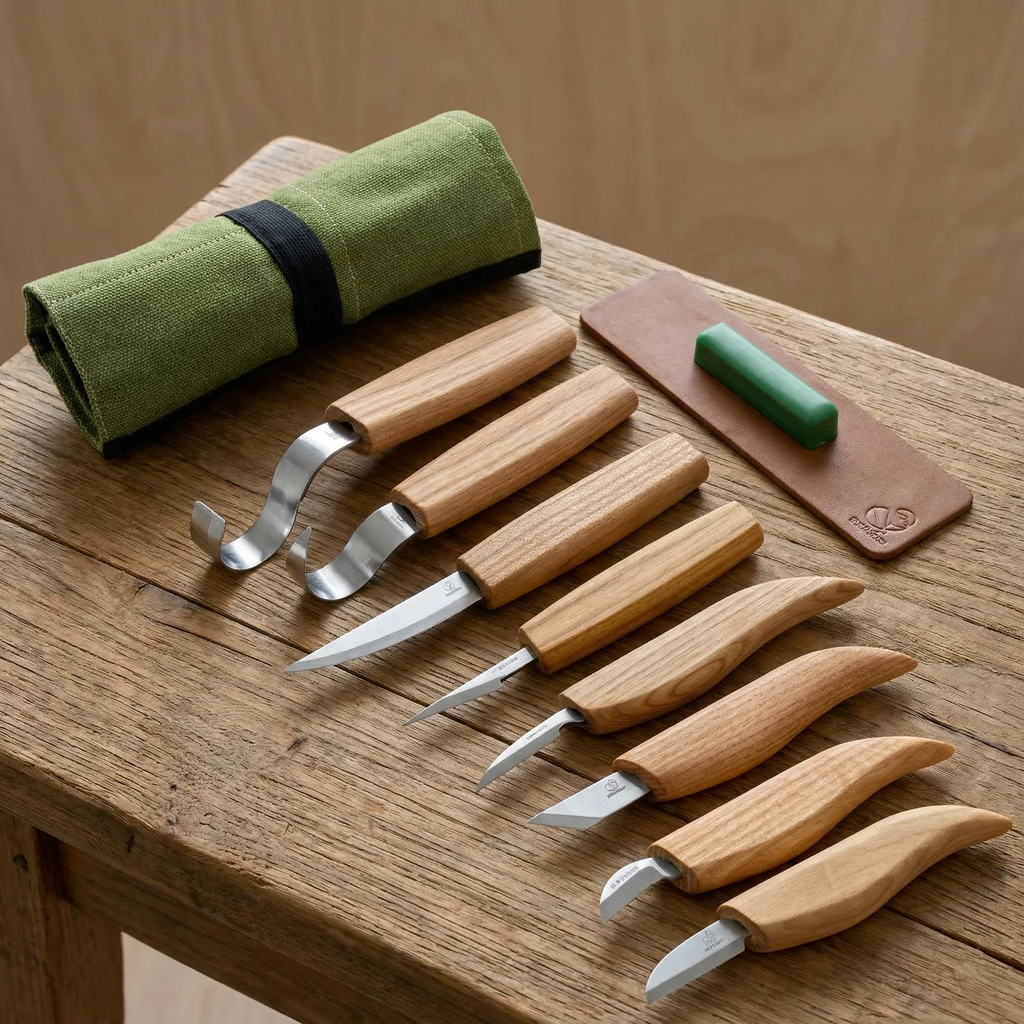 Wood Carving Set of 8 Knives (8 knives in roll + accessories)